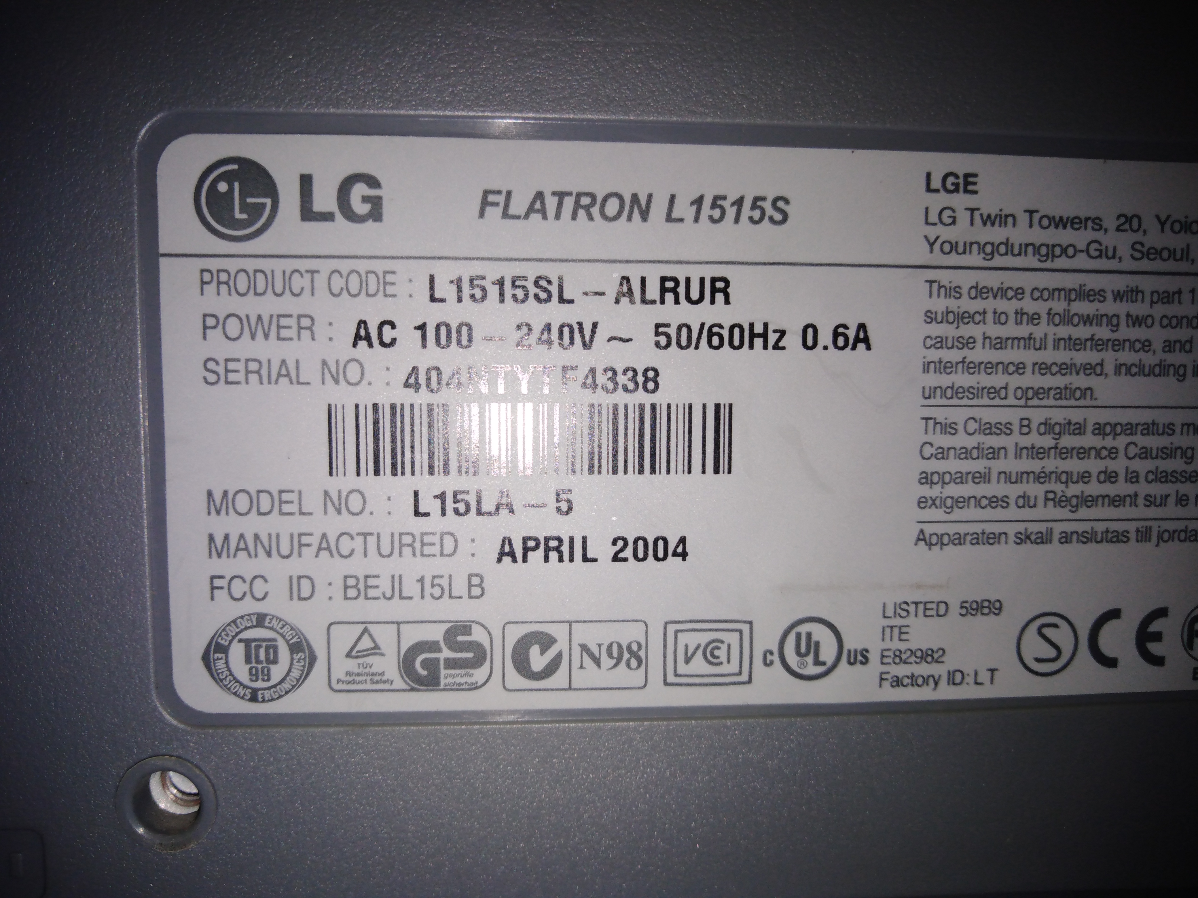 Вес телевизора lg. Flatron 1515s. LG Flatron l1515s. 15" LG Flatron l1515s. Монитор LG Flatron l15.