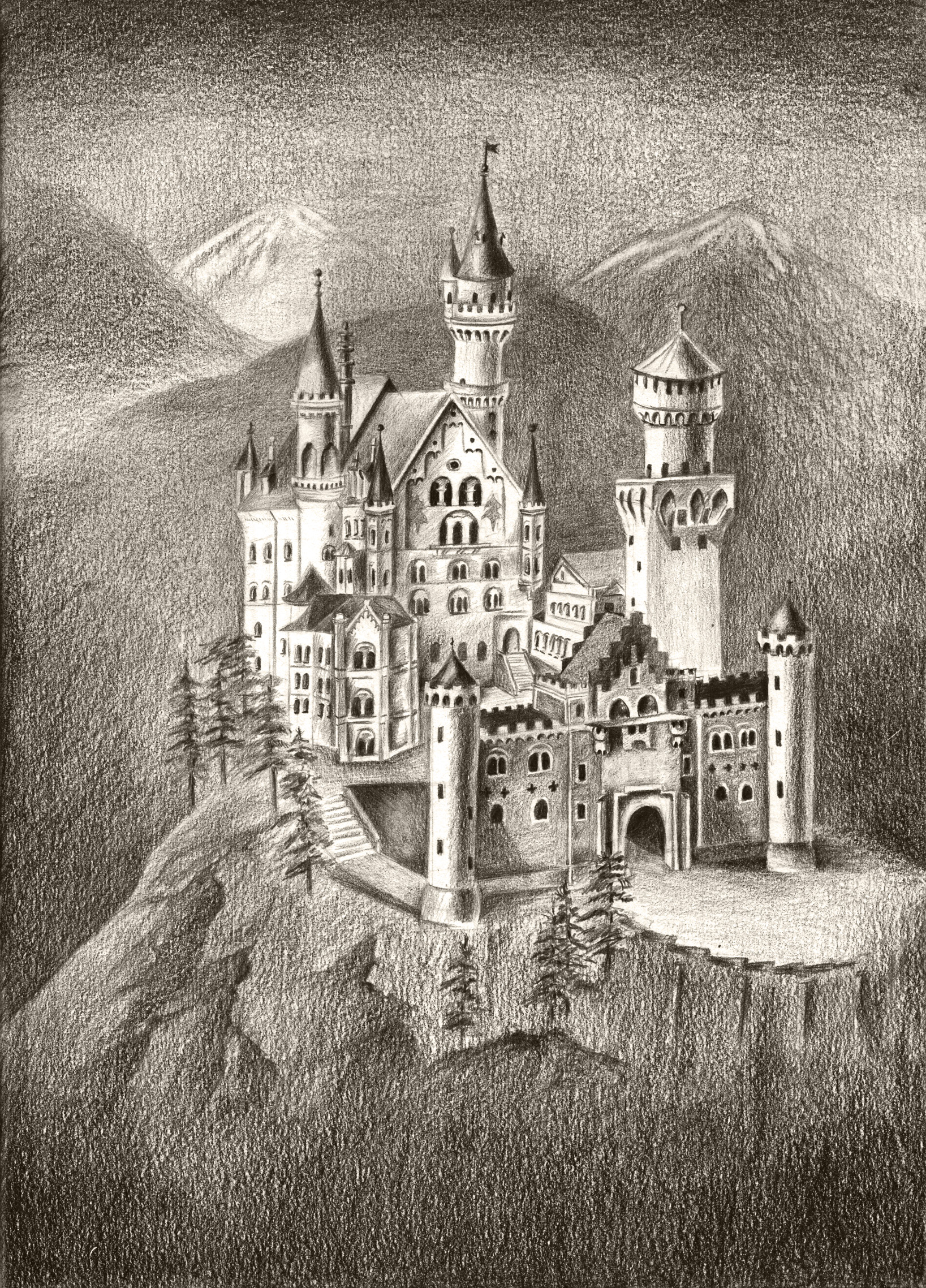 Рисунок старой крепости. Замок Нойшванштайн карандашом. Замок Нойшванштайн рисунок карандашом легкий. Замок Нойшванштайн древние Гравюры. Замок Нойшванштайн для срисовки карандашом.